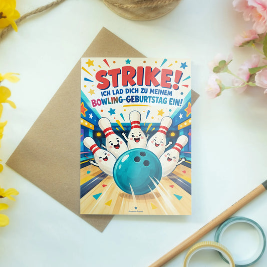 Lustige Einladungskarte zum Kindergeburtstag Bowling mit Pins|p:2013787|h:09001ba86624e518104e7a4950af30ff
