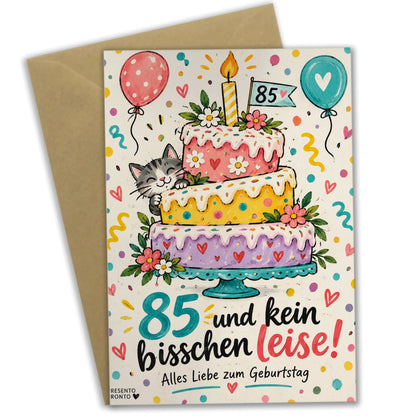 Lustige Geburtstagskarte zum 85. Geburtstag mit Kuchen und Katze|p:2013791|h:dd753b2229d69a0ccb6b8df2eaa3e998