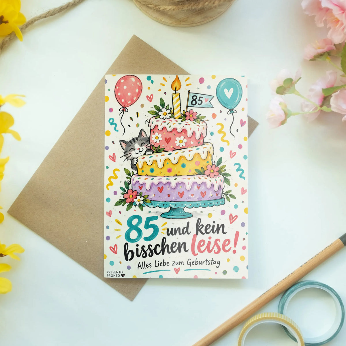 Lustige Geburtstagskarte zum 85. Geburtstag mit Kuchen und Katze|p:2013791|h:accb2802d92b656268a5c03013f76422