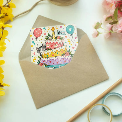 Lustige Geburtstagskarte zum 85. Geburtstag mit Kuchen und Katze|p:2013791|h:39bde1aa96d1a958356b713c83c4b035