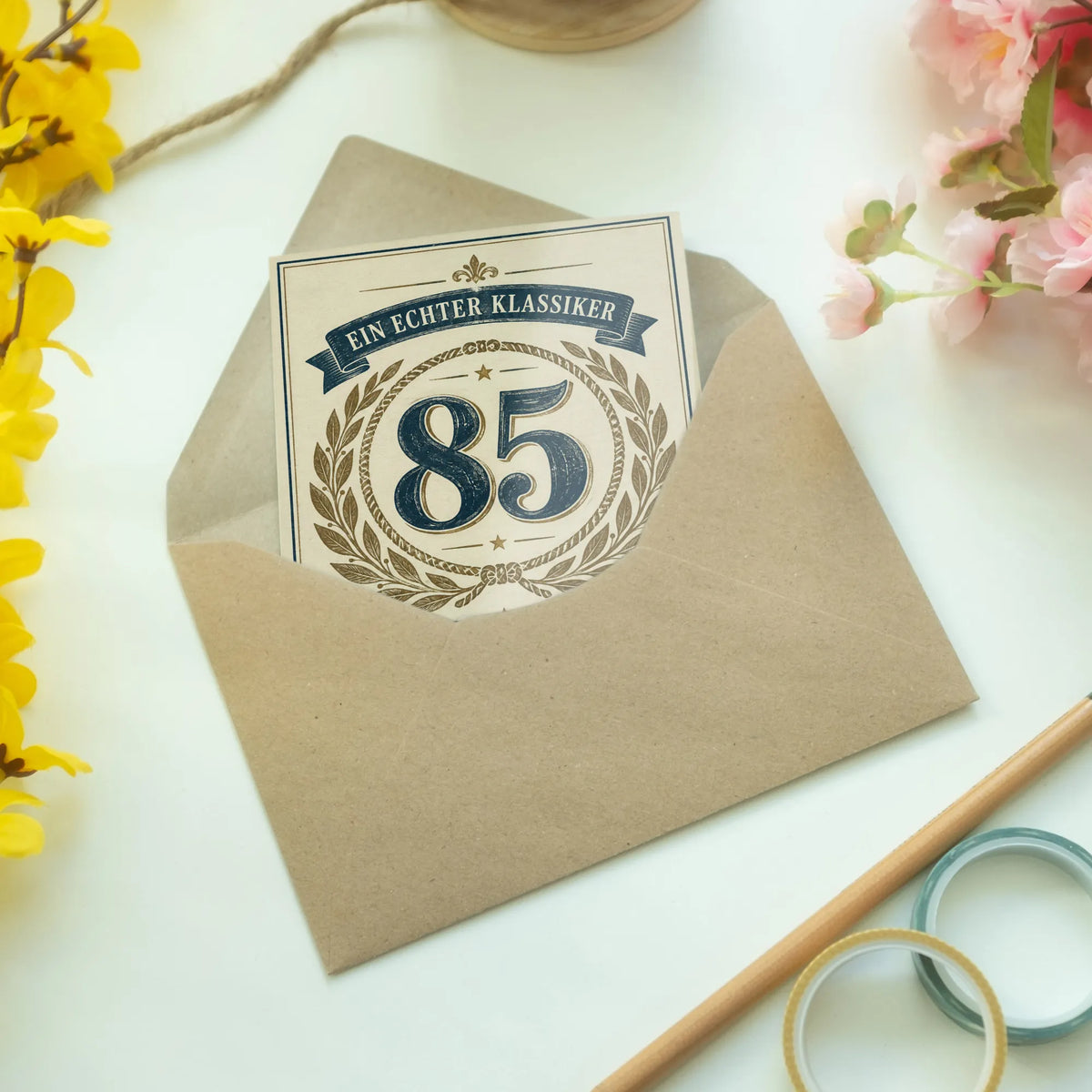 Elegante Geburtstagskarte zum 85. Geburtstag mit Lorbeerornament|p:2013793|h:89ad8ed3af114b371763a5a787c29d52