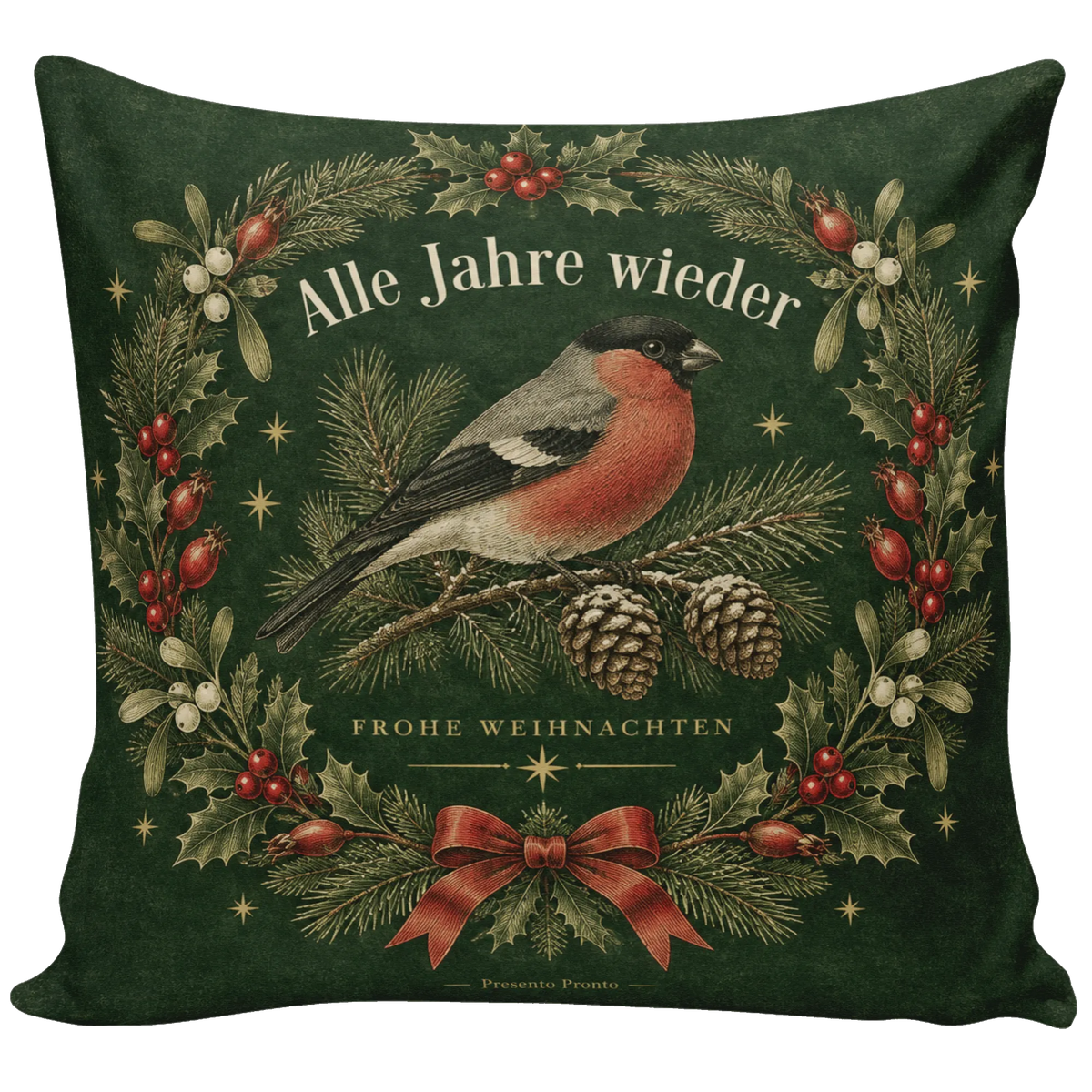 Festliches Kissen zu Weihnachten mit Dompfaff auf Tannenzweig|p:2013811|h:045f50bf5ab0a550ecf502de0724e666