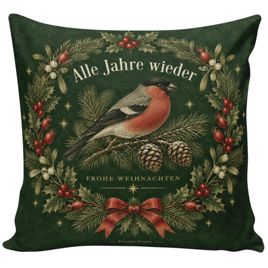 Festliches Kissen zu Weihnachten mit Dompfaff auf Tannenzweig|p:2013811|h:045f50bf5ab0a550ecf502de0724e666
