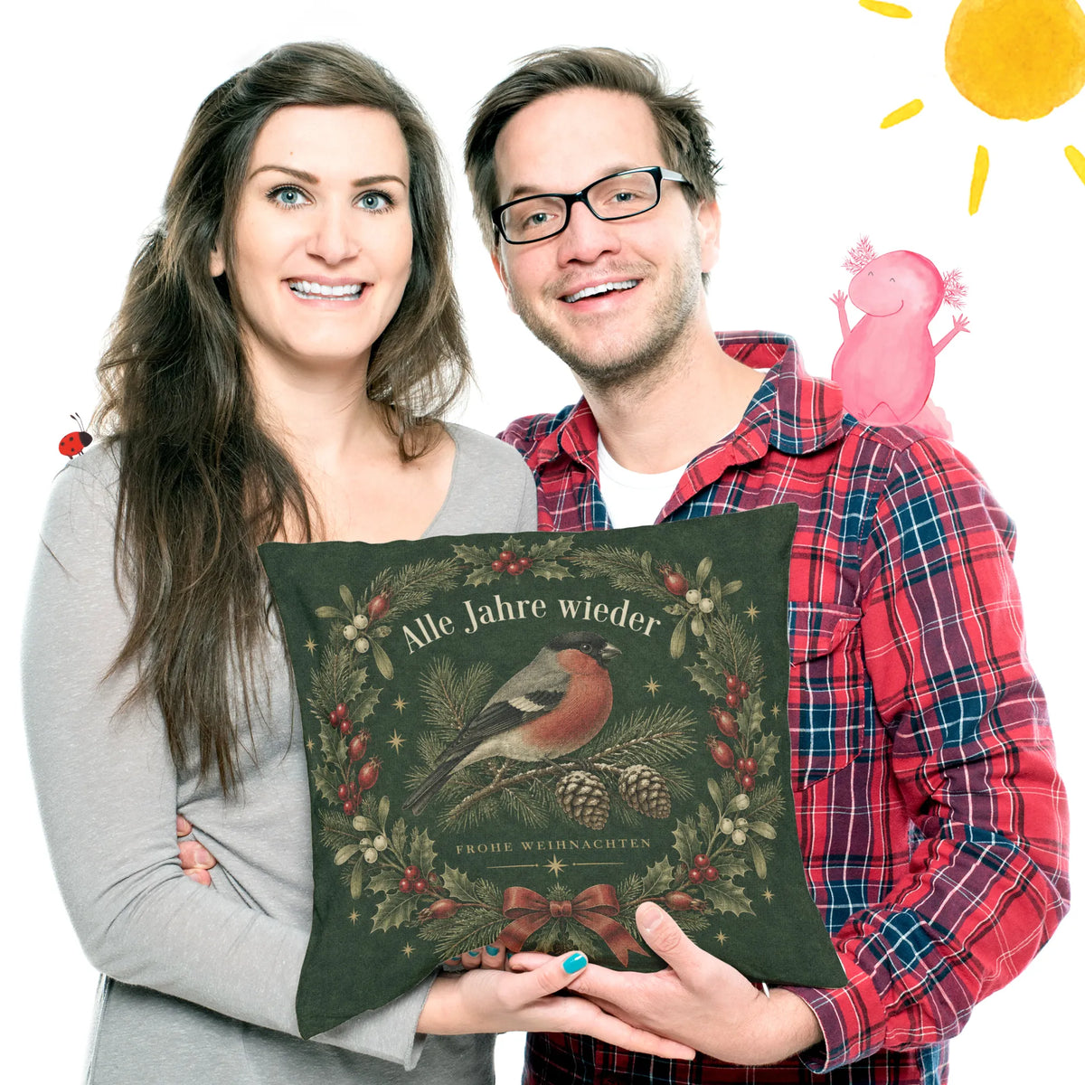 Festliches Kissen zu Weihnachten mit Dompfaff auf Tannenzweig|p:2013811|h:5db3fe7c1cf262b5e949a6552ab35964