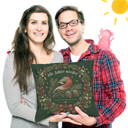 Festliches Kissen zu Weihnachten mit Dompfaff auf Tannenzweig|p:2013811|h:5db3fe7c1cf262b5e949a6552ab35964