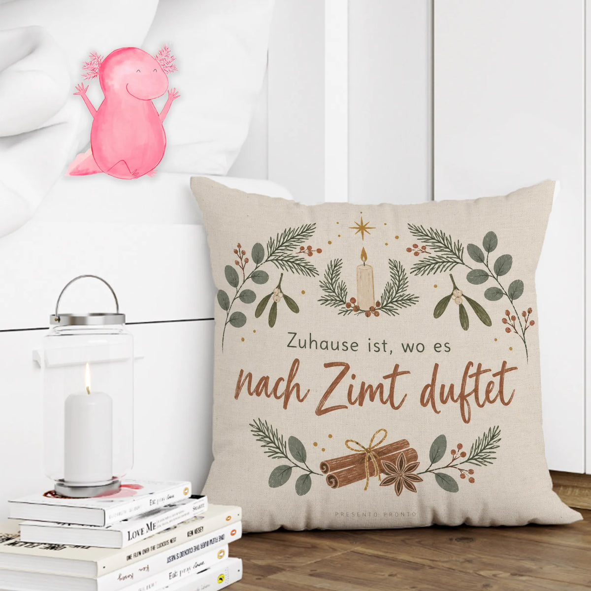 Gemütliches Kissen zu Weihnachten mit Tannenzweigen und Kerze|p:2013812|h:87bee00c3fa964258c8062998b754388