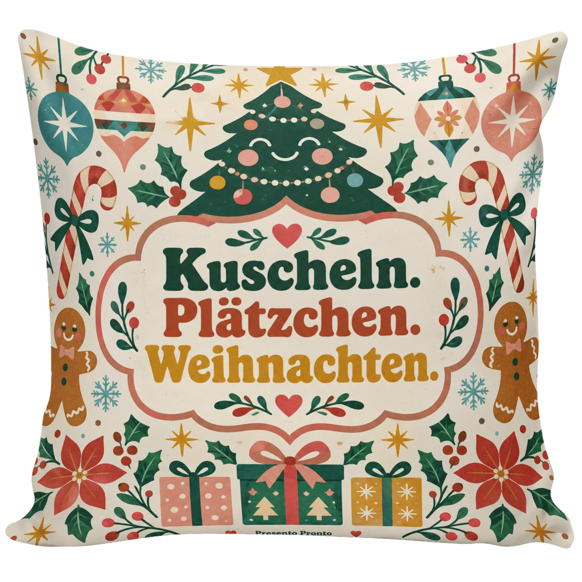 Verspieltes Kissen zu Weihnachten mit lächelndem Tannenbaum|p:2013815|h:1c5d45c58bb8efd2968d863aff14142f