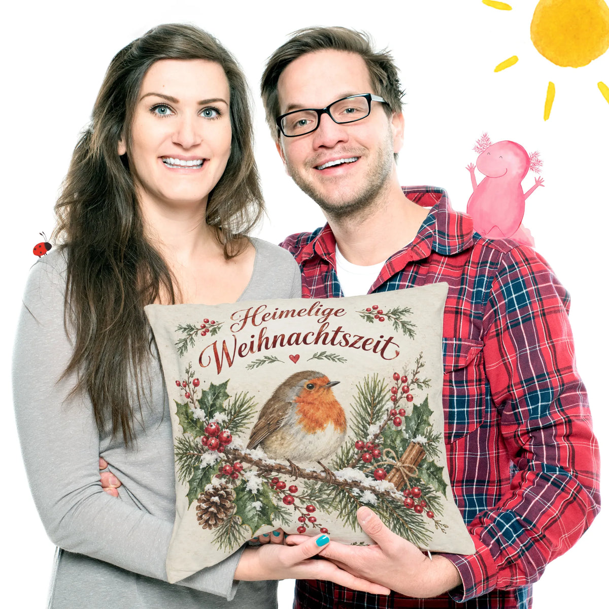 Gemütliches Kissen zu Weihnachten mit Rotkehlchen|p:2013817|h:55f4e53710247ed67ef00683f7c5a102