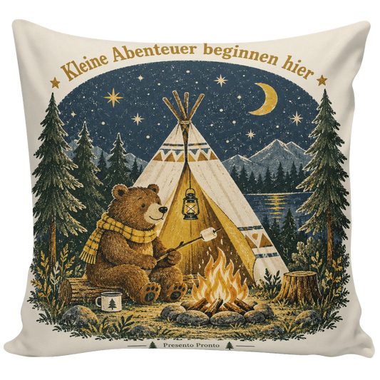 Abenteuerliches Kissen fürs Kinderzimmer mit Bär am Lagerfeuer|p:2013825|h:b5e23d0a7087844fe2874a01d353c17d