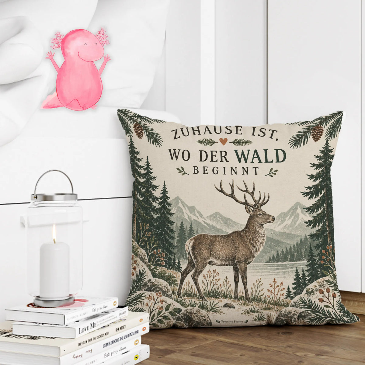 Gemütliches Kissen mit Hirsch im Wald für Naturliebhaber|p:2013842|h:ca14340041131baf990af7998ba1c45a