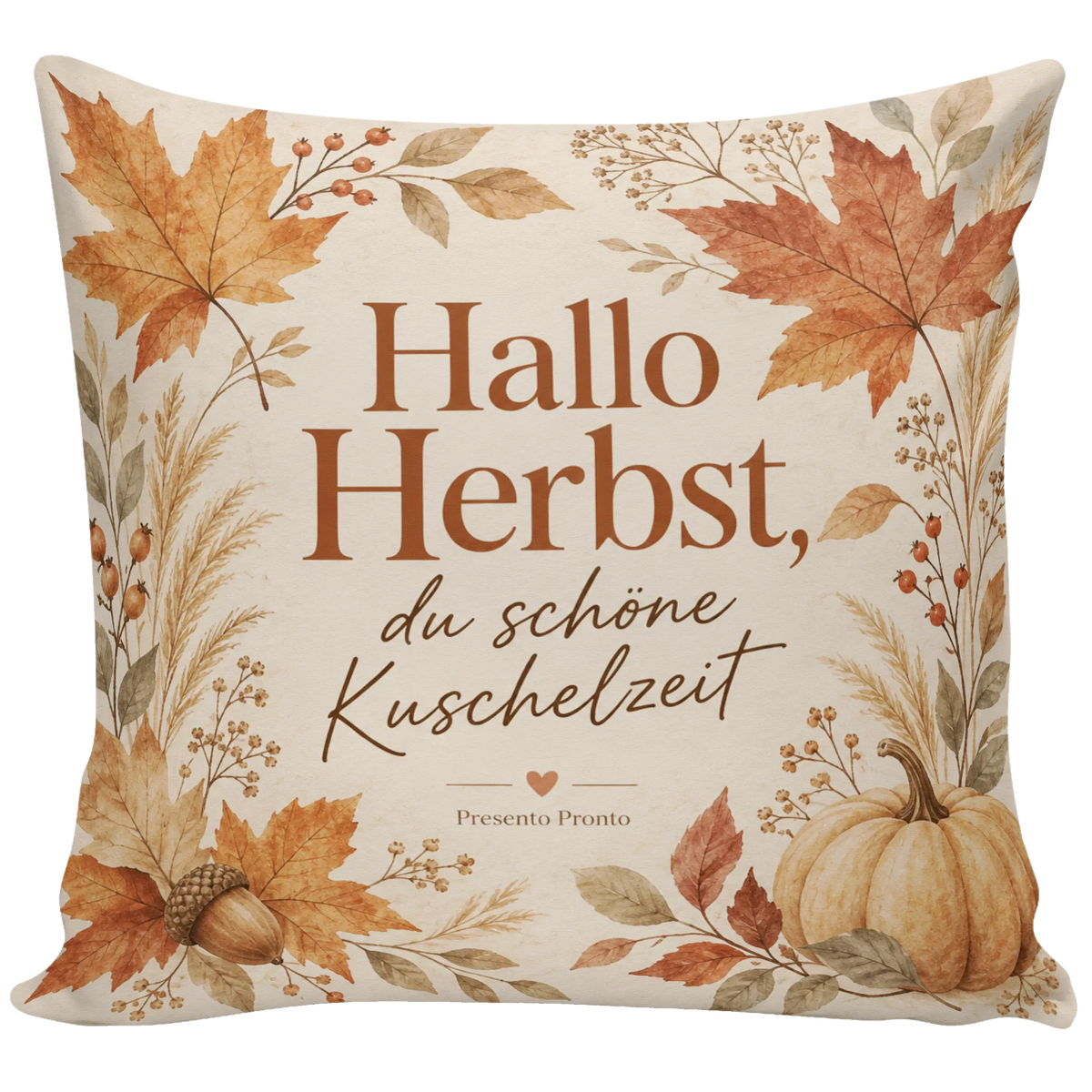 Gemütliches Kissen für den Herbst mit Kürbis und Blättern|p:2013884|h:5178f0dcec88d163c7b0167efa593074
