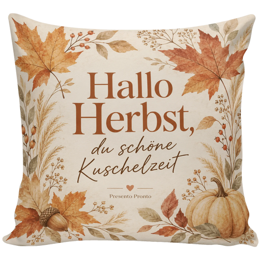 Gemütliches Kissen für den Herbst mit Kürbis und Blättern|p:2013884|h:5178f0dcec88d163c7b0167efa593074