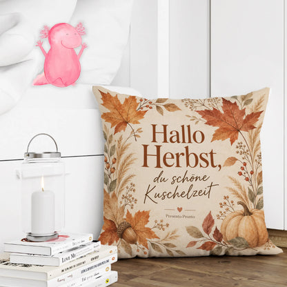 Gemütliches Kissen für den Herbst mit Kürbis und Blättern|p:2013884|h:ee503c865d833869642910d9b31caa6e