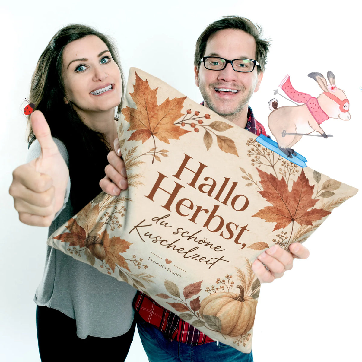 Gemütliches Kissen für den Herbst mit Kürbis und Blättern|p:2013884|h:2e40ad1caa9fd5c14f43c2d192e49079