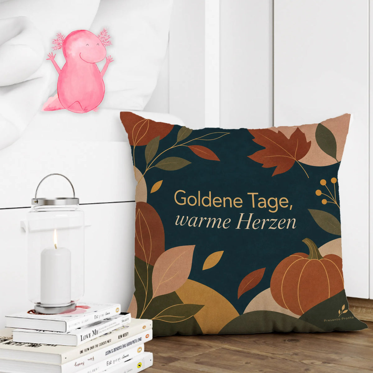 Gemütliches Kissen für den Herbst mit Kürbis und Blättern|p:2013886|h:4d6095c35539d0c1fff525156172bcb5
