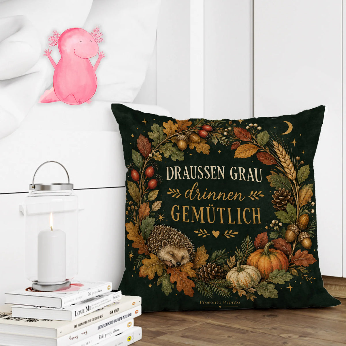 Gemütliches Kissen für den Herbst mit Herbstkranz und Igel|p:2013891|h:fdd43944a2620f2bcdd0d5ae01cebc94
