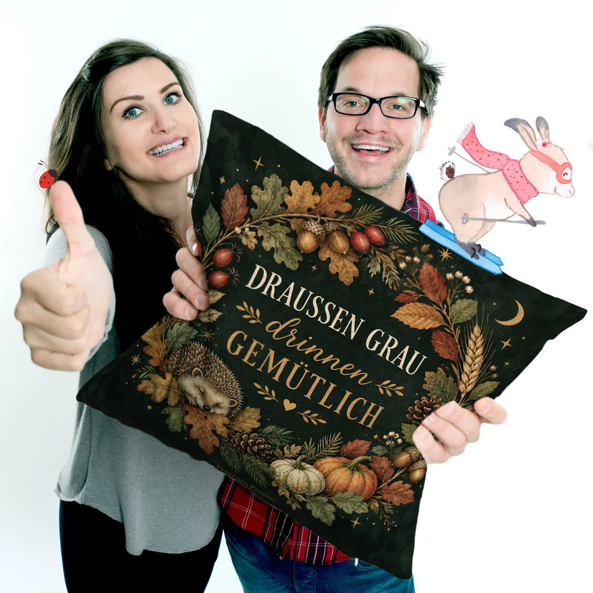 Gemütliches Kissen für den Herbst mit Herbstkranz und Igel|p:2013891|h:9281d6a5ad4bcf32a0d3a0e0b93294d3