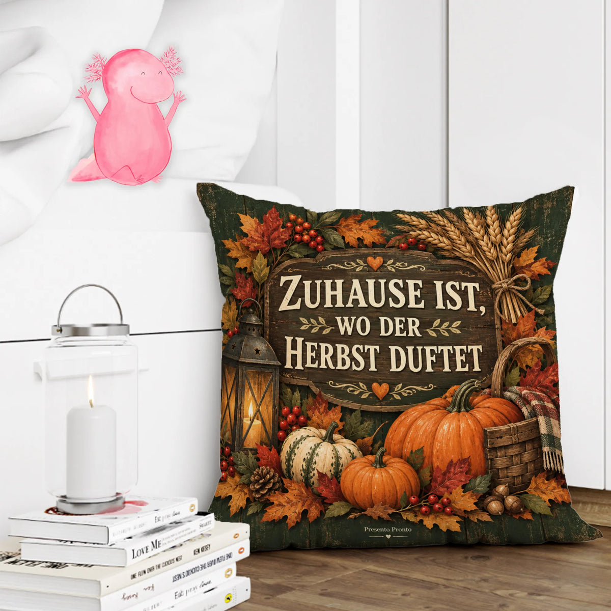 Gemütliches Kissen für den Herbst mit Kürbissen im Korb|p:2013893|h:957d9e512dbdc418e83879f214e2d731