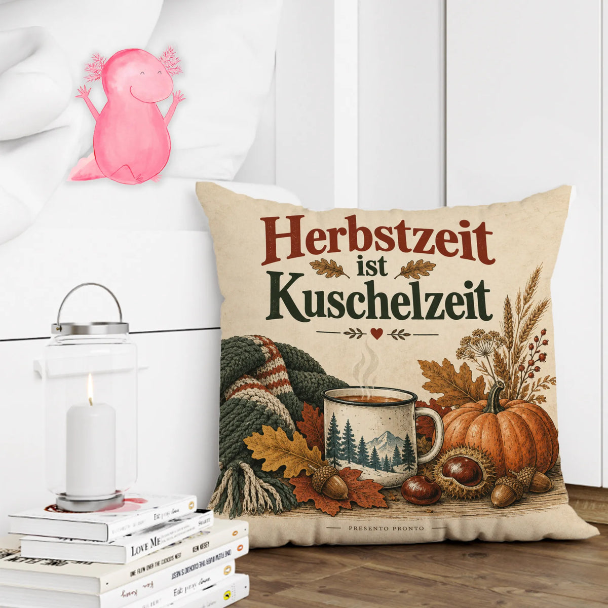 Gemütliches Kissen für den Herbst mit Kürbis und Teebecher|p:2013907|h:4a234a2912811fb45fc62717232419b5