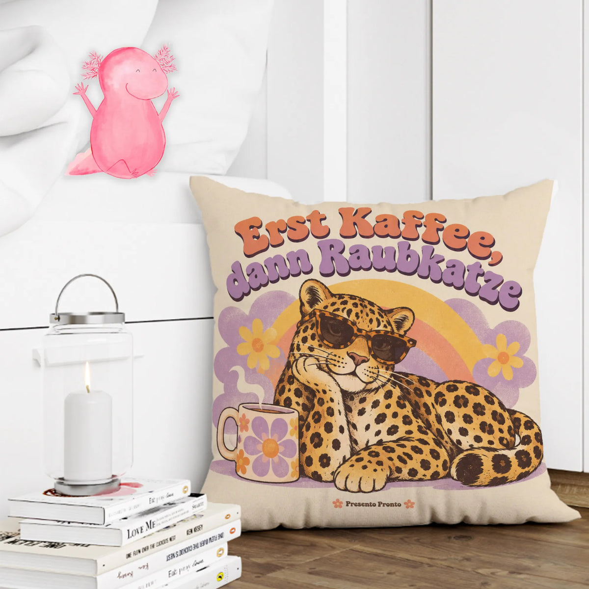 Lustiges Leopardenkissen für Kaffeefans mit Sonnenbrille|p:2014050|h:b9b71472da5f1b338561663cd3425a81