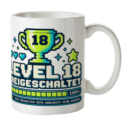 Lustige Tasse zum 18. Geburtstag für Jungen mit Level 18 Spruch|p:2014097|h:49665fef239058b9f67aca7a9cfbe37f
