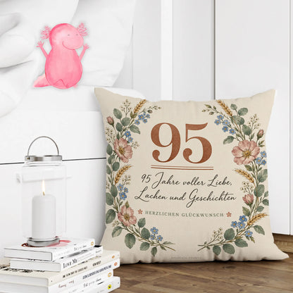 Liebevolles Kissen zum 95. Geburtstag mit Blumenkranz|p:2014099|h:f3174d108438c8e675568b1d2689d688