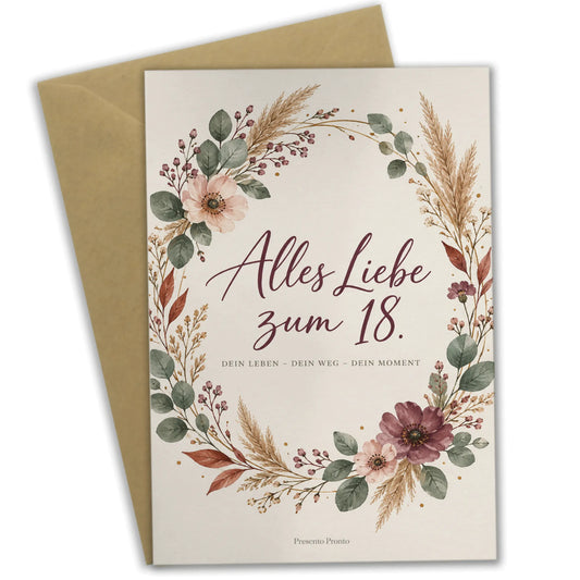 Elegante Geburtstagskarte zum 18. Geburtstag mit Blumenkranz|p:2014107|h:74270308b796894299c57928b2a45553