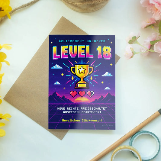 Coole Geburtstagskarte zum 18. Geburtstag mit Pixel Level|p:2014108|h:91afcb725bbd3bb951656119aa18bd54
