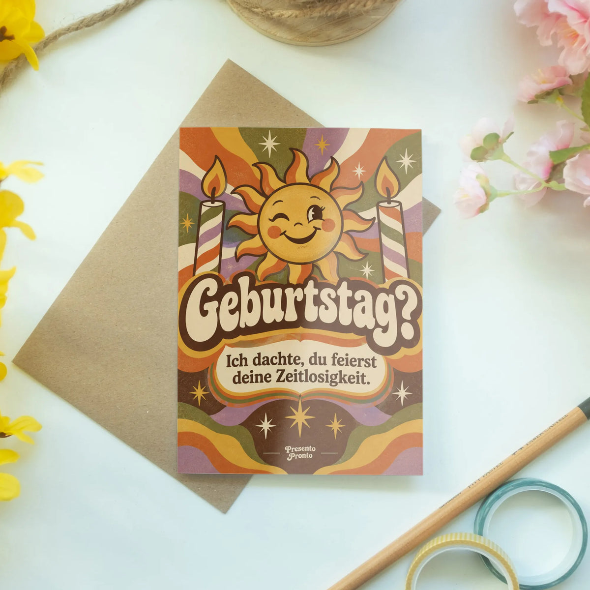 Lustige Geburtstagskarte mit Retro-Sonne und Kerzen|p:2014129|h:5f835a133bbe0abe35c76844bc2a27a4