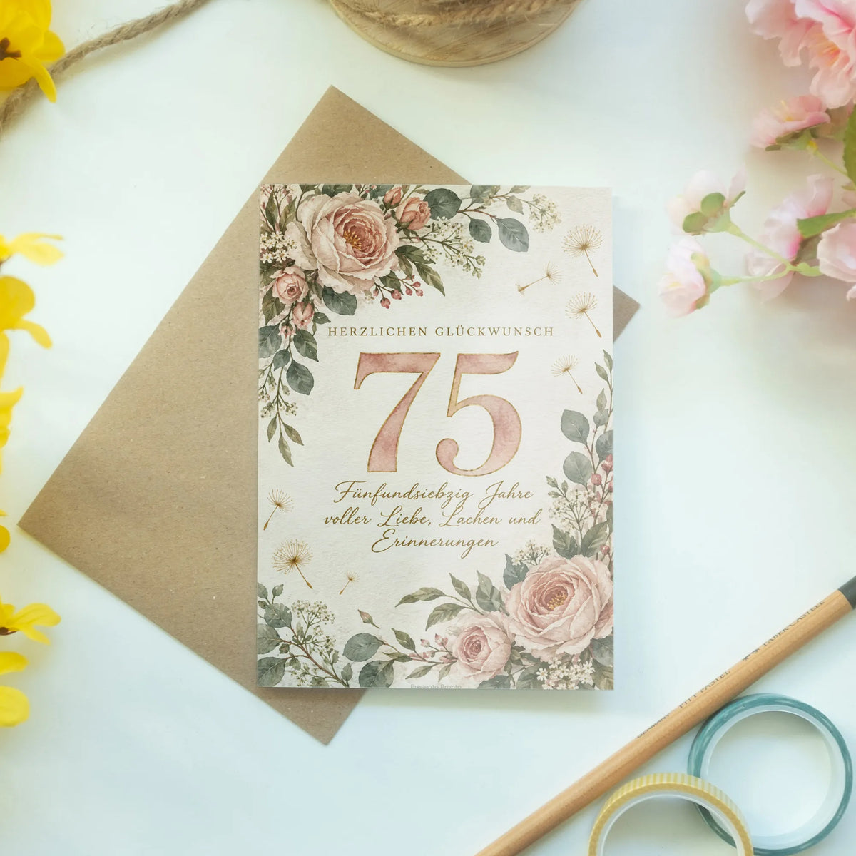 Herzliche Geburtstagskarte zum 75 mit Rosen und Eukalyptus|p:2014134|h:3258955d2a3307b784818eca530fd8c0