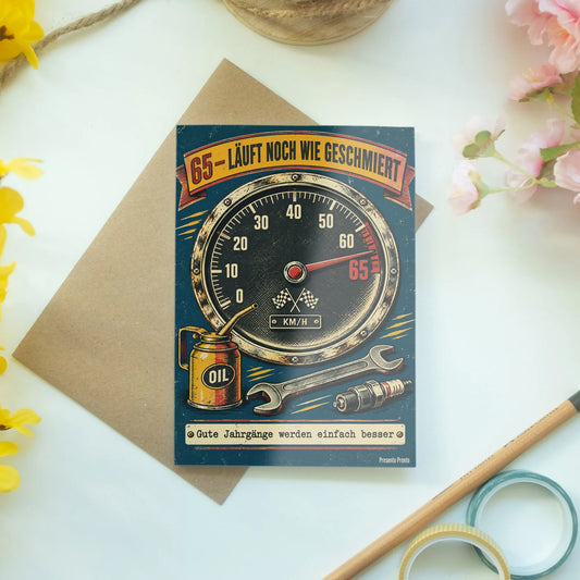 Lustige Geburtstagskarte zum 65. Geburtstag mit Tachometer|p:2014151|h:60778f1445db15a4ab87f4f432bb83a0