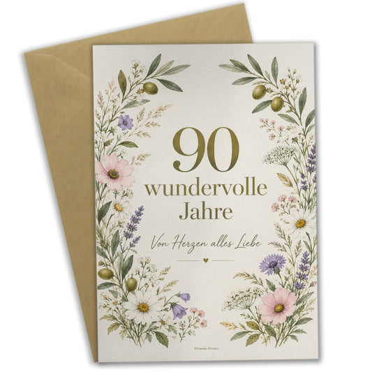 Elegante Geburtstagskarte zum 90. Geburtstag mit Blumenrahmen|p:2014160|h:7a087164ec132101389c74e3a368cf87
