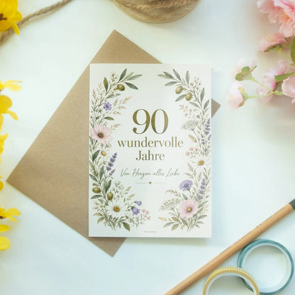 Elegante Geburtstagskarte zum 90. Geburtstag mit Blumenrahmen|p:2014160|h:150ad58d63bac39408736747446a1aa9