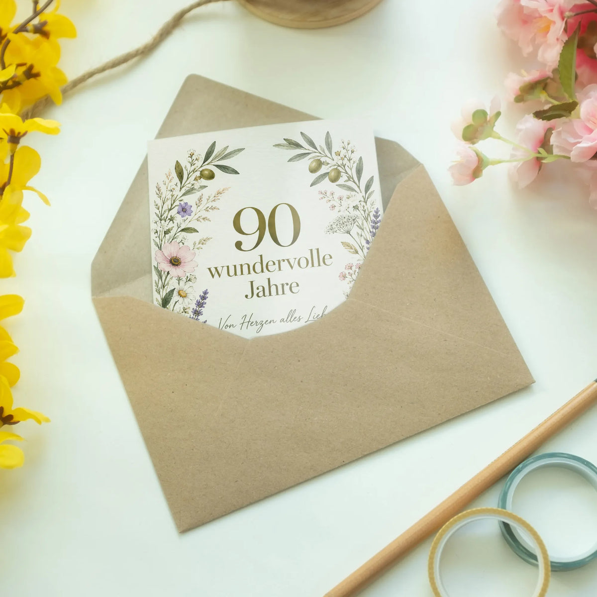 Elegante Geburtstagskarte zum 90. Geburtstag mit Blumenrahmen|p:2014160|h:0c4565abeb77e45b1f758f417f91cb7f