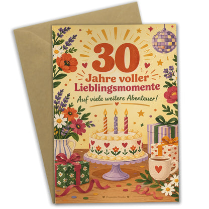 Herzliche Geburtstagskarte zum 30. Geburtstag mit Kuchen und Blumen|p:2014190|h:e1bcb8531a97c572fc143931c5a610fe