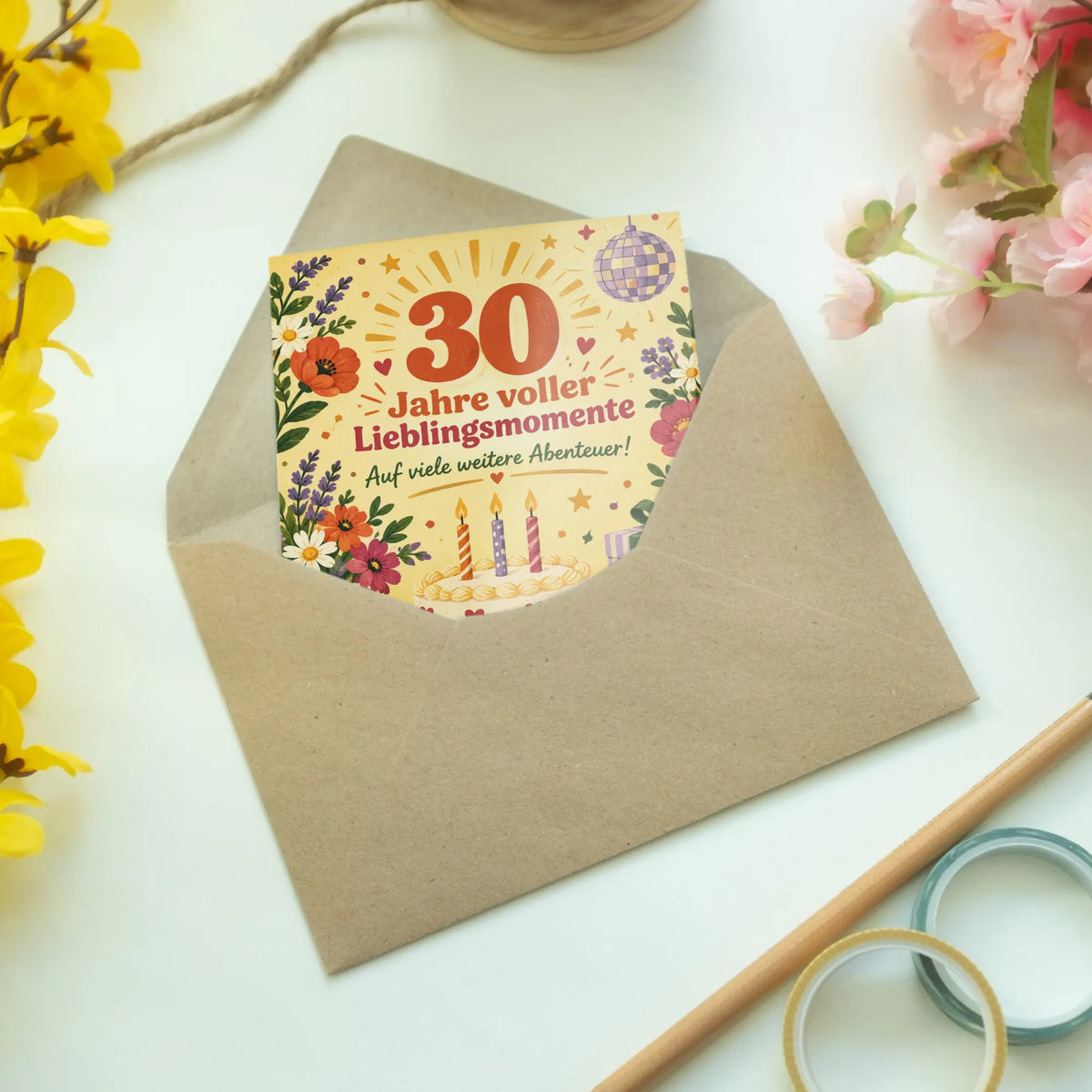 Herzliche Geburtstagskarte zum 30. Geburtstag mit Kuchen und Blumen|p:2014190|h:158c091e24f9399dd3446103cba8d663