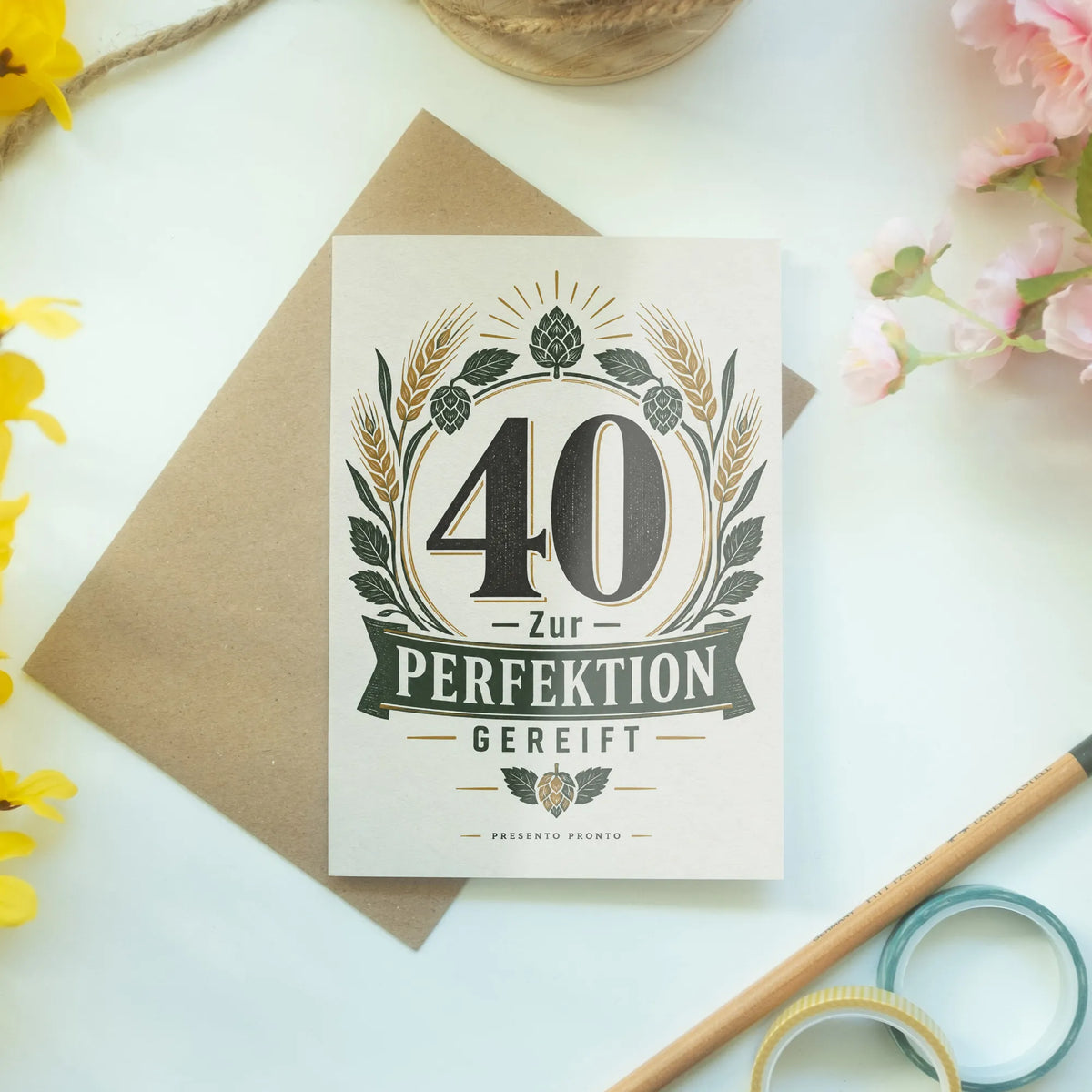 Elegante Geburtstagskarte zum 40. Geburtstag mit Hopfen und Weizen|p:2014191|h:e162a359098507a893a87eea6a83c44d