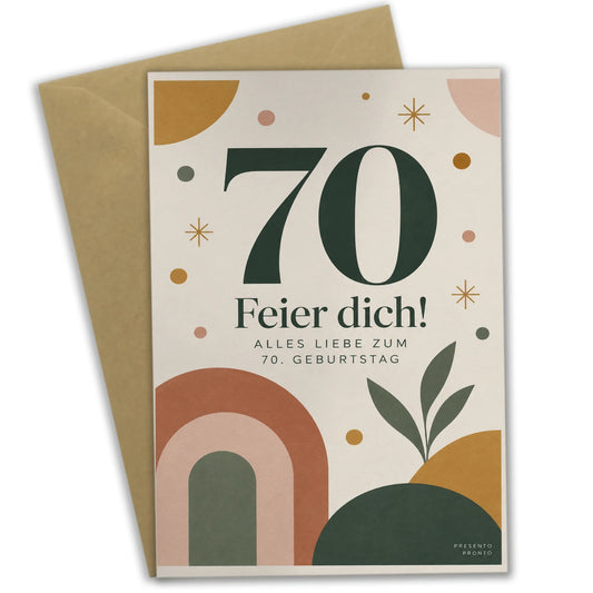 Fröhliche Geburtstagskarte zum 70. mit Bögen und Konfetti|p:2014195|h:1995f18715f172c44b3cbeef9c957827