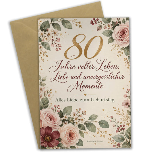 Elegante Geburtstagskarte zum 80. Geburtstag für Frauen mit Wildblumen|p:2014201|h:4dadc9248aecd87e7c726bbdb9c4604a