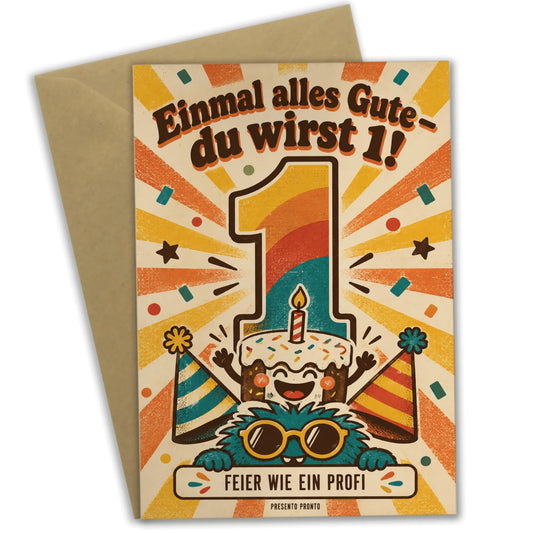 Süße Geburtstagskarte zum 1. Geburtstag mit Regenbogen und Torte|p:2014204|h:345073828117455b08ec5ae101a22cbb