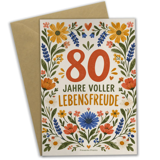 Fröhliche Geburtstagskarte zum 80. Geburtstag für Frauen mit Wildblumen|p:2014209|h:a78e815fb0b19d16d85fa6c47baf5c97