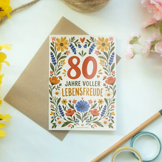 Fröhliche Geburtstagskarte zum 80. Geburtstag für Frauen mit Wildblumen|p:2014209|h:f4a190c1b51c6887fe11f6c45ee5ac3b