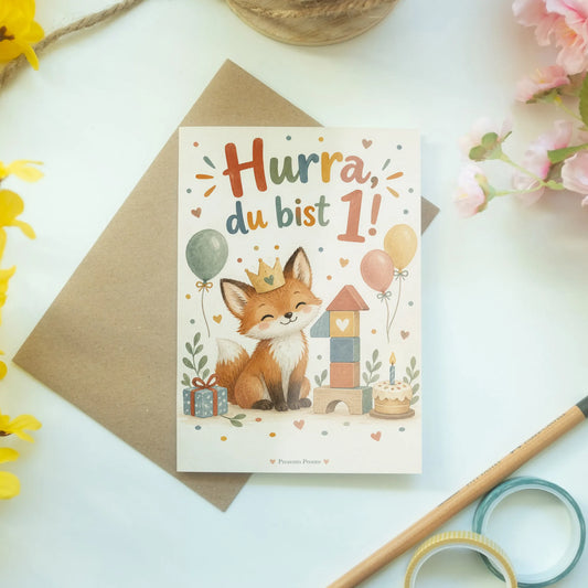 Süße Geburtstagskarte zum 1. Geburtstag mit Fuchs|p:2014210|h:00a129e09786103e087fd210bd757641