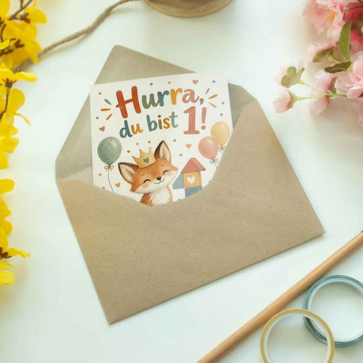 Süße Geburtstagskarte zum 1. Geburtstag mit Fuchs|p:2014210|h:b046d5ba3bdc38d20ba41d265215d3b9