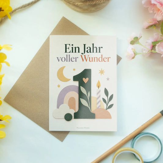 Liebevolle Geburtstagskarte zum 1. Geburtstag mit Papierzahl 1|p:2014211|h:50e94dd6d5d8dc3761ecf2ab365c7311