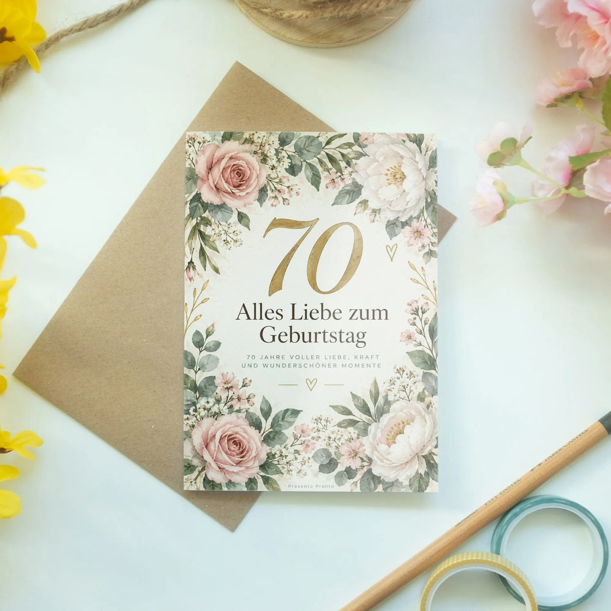 Elegante Geburtstagskarte zum 70. Geburtstag für Frauen mit Blumenkranz|p:2014213|h:2a9d8b5c392892969f55819d84e2559e