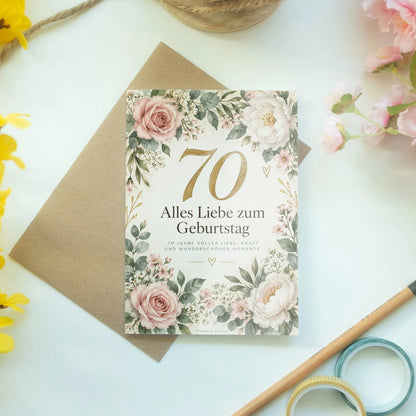 Elegante Geburtstagskarte zum 70. Geburtstag für Frauen mit Blumenkranz|p:2014213|h:2a9d8b5c392892969f55819d84e2559e