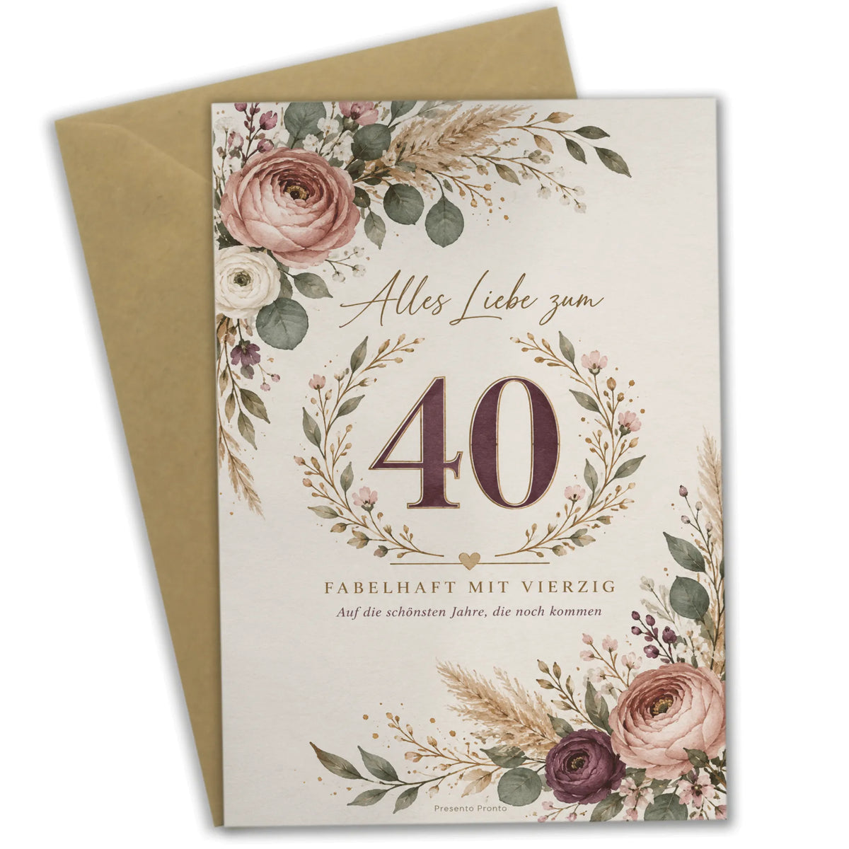 Elegante Geburtstagskarte für Frau zum 40. Geburtstag mit Blumenkranz|p:2014215|h:03c0d25ded1da63e675d4f466185a011