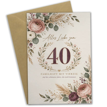 Elegante Geburtstagskarte für Frau zum 40. Geburtstag mit Blumenkranz|p:2014215|h:03c0d25ded1da63e675d4f466185a011