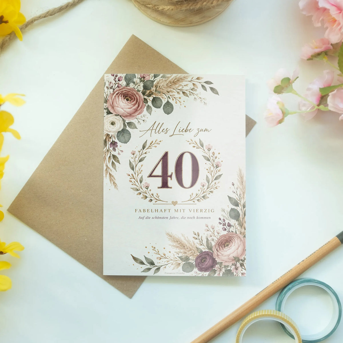 Elegante Geburtstagskarte für Frau zum 40. Geburtstag mit Blumenkranz|p:2014215|h:4d733ca8ae7675caf340eb207ab02343